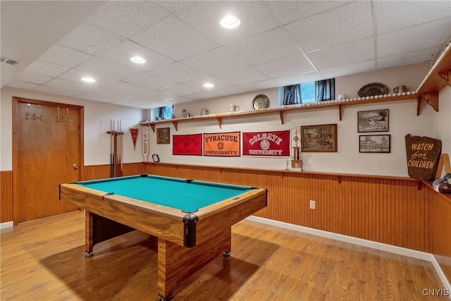 1705 Lancelot Pl, Skaneateles, NY 13152 - recreation room with light wood-style floors, a drop ceiling, wainscoting, pool table, and recessed lighting