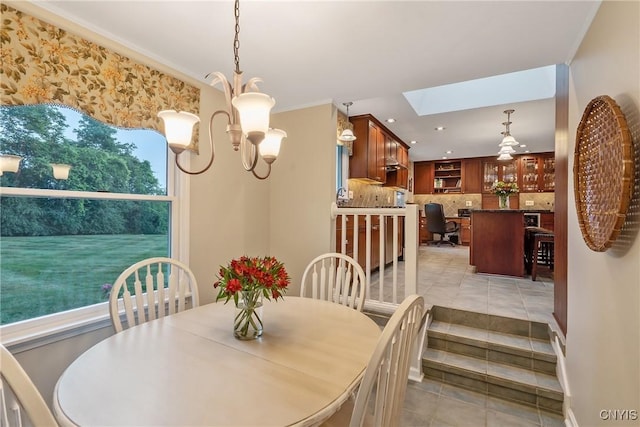 1705 Lancelot Pl, Skaneateles, NY 13152 - dining room with light tile patterned flooring, recessed lighting, a desk, and a skylight