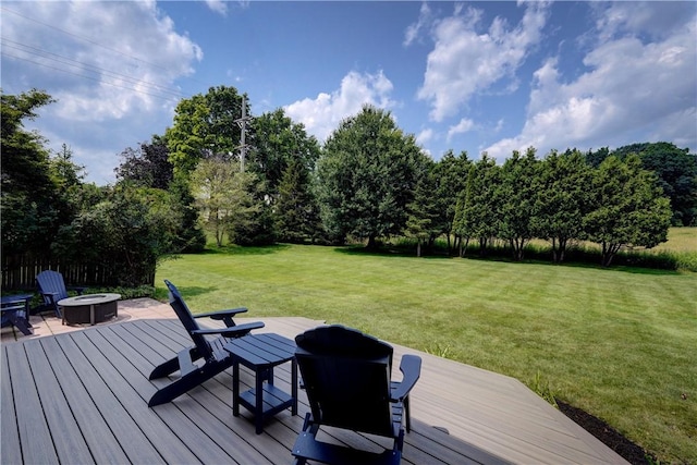 10 Muirfield Ct, Pittsford, NY 14534 - wooden deck featuring a fire pit, a lawn, and view of wooded area