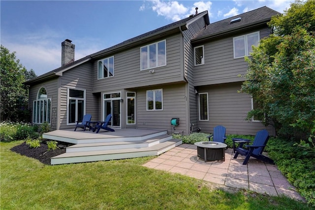 10 Muirfield Ct, Pittsford, NY 14534 - rear view of house with a fire pit, a chimney, a yard, a deck, and a patio