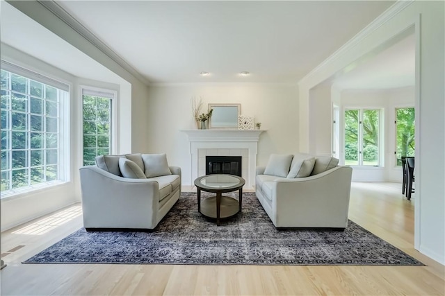 10 Muirfield Ct, Pittsford, NY 14534 - living area with healthy amount of natural light, a fireplace, wood finished floors, and ornamental molding