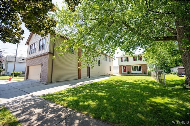 92 Schiller St, Buffalo, NY 14206 - view of front of home featuring brick siding, concrete driveway, an attached garage, and a front lawn