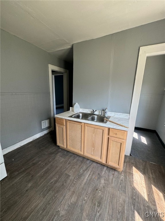 152 Fage Ave Unit 54, Syracuse, NY 13205 - kitchen with dark wood-type flooring, light countertops, and wainscoting