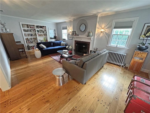 290 Hollywood Ave, Brighton, NY 14618 - living room featuring radiator, crown molding, a fireplace, light wood-type flooring, and built in shelves