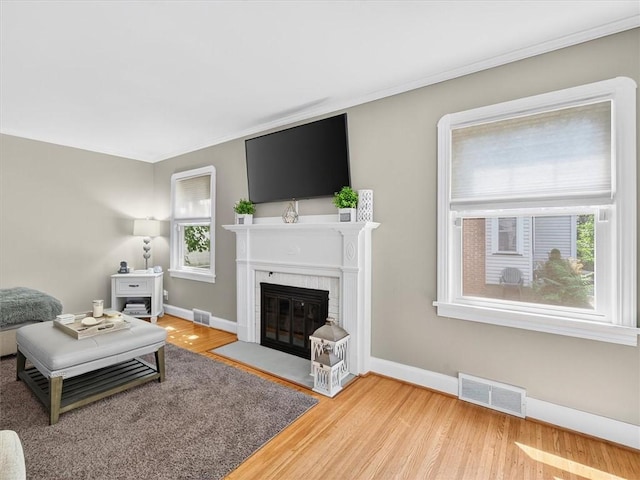 245 Worthington Rd, Irondequoit, NY 14622 - living room featuring a fireplace with flush hearth, wood finished floors, and ornamental molding