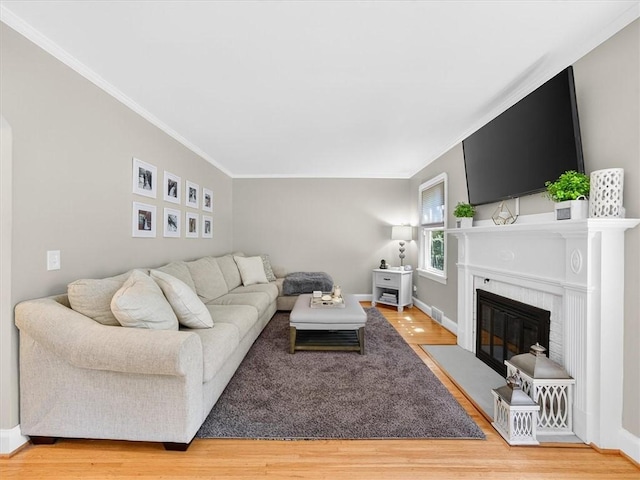 245 Worthington Rd, Irondequoit, NY 14622 - living room featuring light wood-style floors, crown molding, and a fireplace with flush hearth