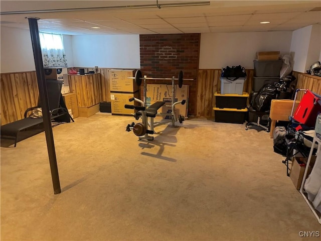 8467 Torchwood Ln, Cicero, NY 13039 - exercise room with carpet flooring, a wainscoted wall, a drop ceiling, and wood walls