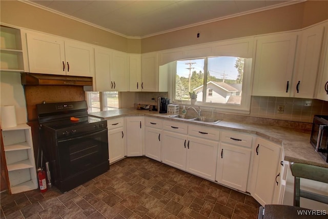 6716 Main St, Cherry Creek, NY 14723 - kitchen with electric range, under cabinet range hood, open shelves, white cabinets, and ornamental molding