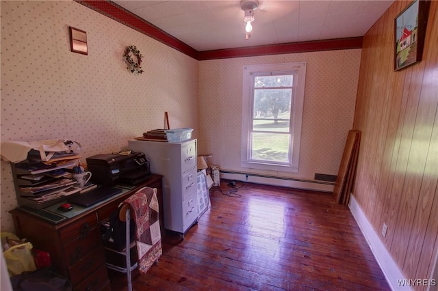 6716 Main St, Cherry Creek, NY 14723 - office area with baseboard heating, hardwood / wood-style flooring, crown molding, and wallpapered walls
