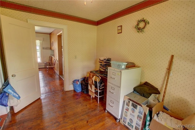 6716 Main St, Cherry Creek, NY 14723 - miscellaneous room with wood finished floors, wallpapered walls, and crown molding