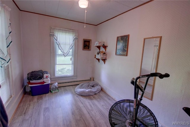 6716 Main St, Cherry Creek, NY 14723 - sitting room featuring a baseboard radiator, wood finished floors, and ornamental molding