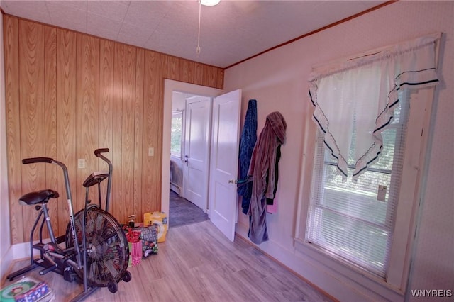 6716 Main St, Cherry Creek, NY 14723 - workout area featuring wood finished floors, wooden walls, and a baseboard heating unit