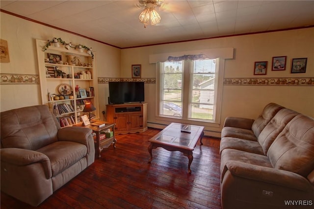 6716 Main St, Cherry Creek, NY 14723 - living area with hardwood / wood-style flooring, crown molding, baseboard heating, wainscoting, and a ceiling fan