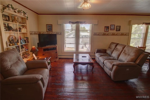 6716 Main St, Cherry Creek, NY 14723 - living room with wood-type flooring, plenty of natural light, crown molding, and baseboard heating