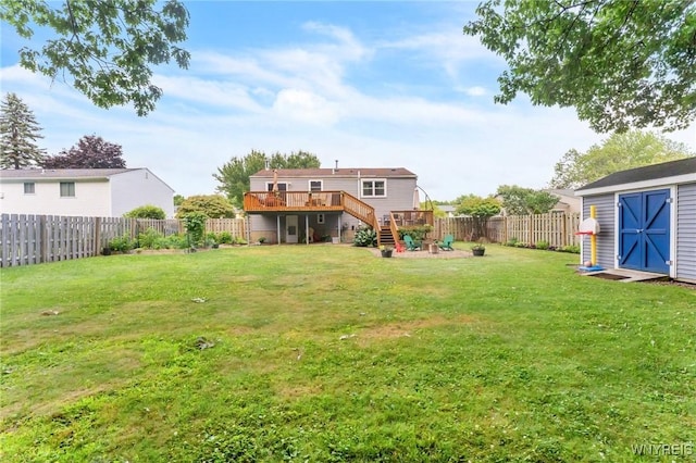 7052 Waring Cir, Evans, NY 14047 - fenced backyard featuring stairway, a deck, and a shed