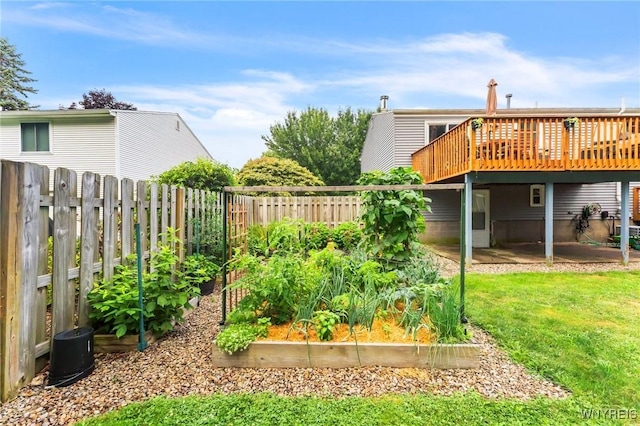 7052 Waring Cir, Evans, NY 14047 - fenced backyard featuring a vegetable garden and a wooden deck