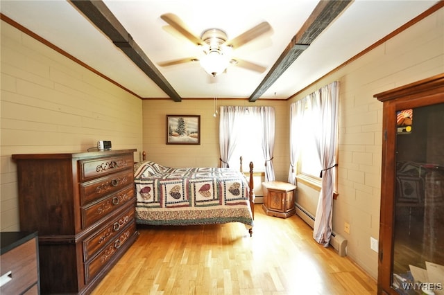 3461 Orchard Park Rd, Orchard Park, NY 14127 - bedroom with light wood finished floors, a baseboard radiator, beam ceiling, ceiling fan, and wood walls