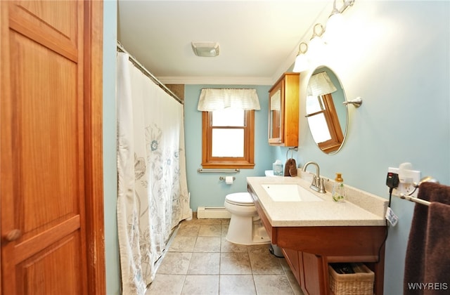 3461 Orchard Park Rd, Orchard Park, NY 14127 - bathroom featuring vanity, a baseboard heating unit, ornamental molding, a shower with curtain, and tile patterned flooring