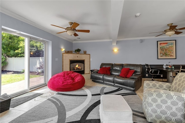 66 Devonshire Rd, Tonawanda, NY 14223 - living room featuring a ceiling fan, crown molding, a fireplace, light tile patterned floors, and beam ceiling