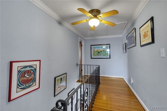 66 Devonshire Rd, Tonawanda, NY 14223 - hall featuring attic access, an upstairs landing, wood finished floors, and ornamental molding