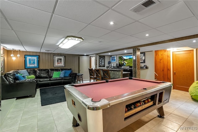 66 Devonshire Rd, Tonawanda, NY 14223 - playroom with pool table, light tile patterned floors, a drop ceiling, and wooden walls