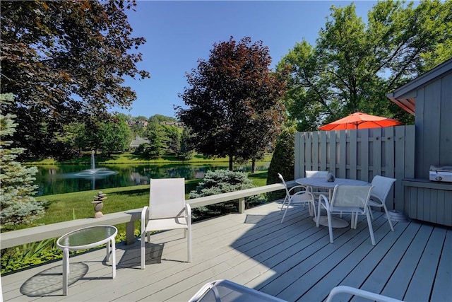 56 Waterview Cir, Penfield, NY 14625 - wooden terrace featuring a water view and outdoor dining space