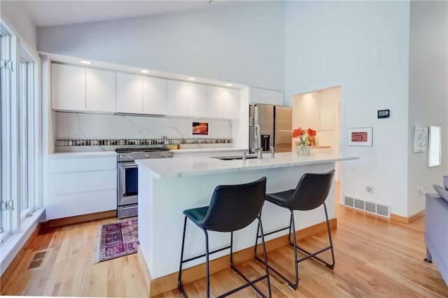 56 Waterview Cir, Penfield, NY 14625 - kitchen featuring appliances with stainless steel finishes, a kitchen bar, white cabinetry, light countertops, and modern cabinets