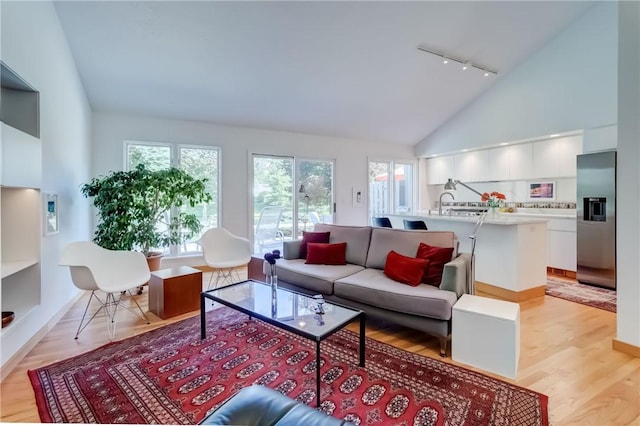 56 Waterview Cir, Penfield, NY 14625 - living area featuring track lighting, light wood-style floors, and high vaulted ceiling