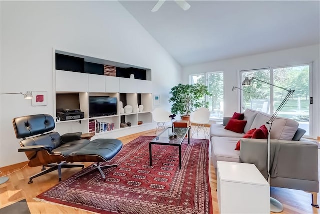 56 Waterview Cir, Penfield, NY 14625 - living room with light wood-style flooring, high vaulted ceiling, and ceiling fan