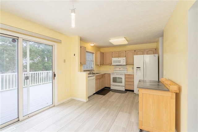 5 Yankee Ct, Chili, NY 14624 - kitchen featuring white appliances, light brown cabinets, light countertops, decorative light fixtures, and a textured ceiling