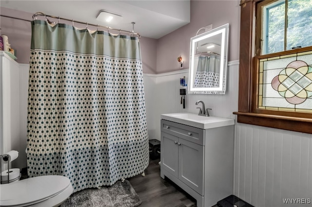 6467 Patchin Rd, Boston, NY 14025 - bathroom featuring vanity, a wainscoted wall, curtained shower, and wood finished floors