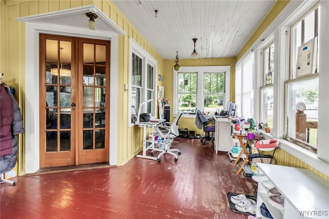 6467 Patchin Rd, Boston, NY 14025 - sunroom with wood finished floors, french doors, and wood ceiling