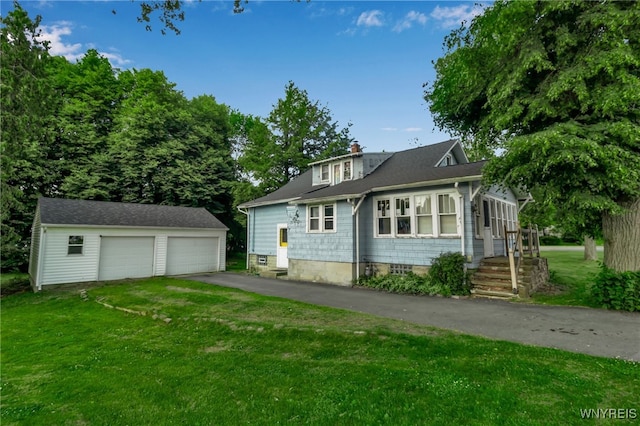 6467 Patchin Rd, Boston, NY 14025 - bungalow featuring an outdoor structure, a garage, a front yard, and a chimney