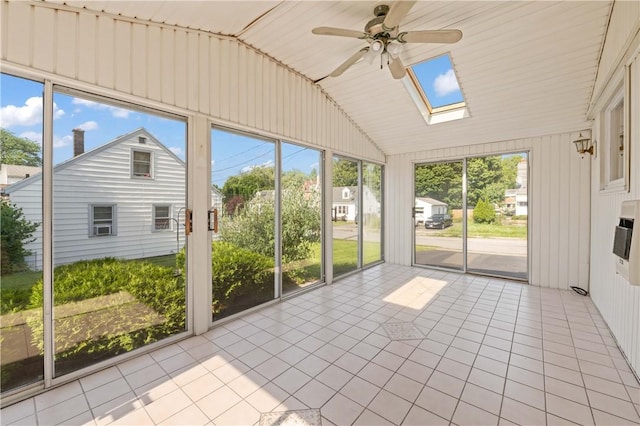 24 Gray St, Rochester, NY 14609 - unfurnished sunroom featuring a ceiling fan, lofted ceiling, a skylight, heating unit, and healthy amount of natural light