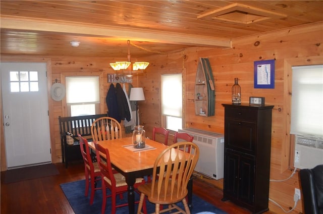 3904 Castle Point Rd, Starkey, NY 14842 - dining room featuring wood ceiling, radiator heating unit, wood walls, and wood finished floors