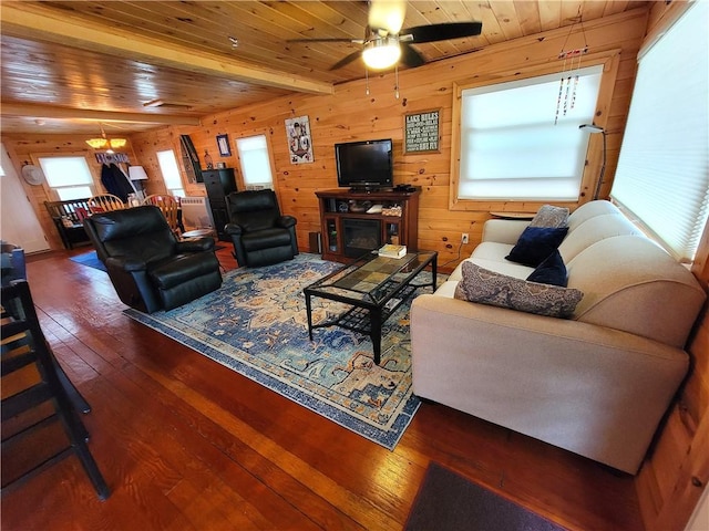 3904 Castle Point Rd, Starkey, NY 14842 - living room featuring hardwood / wood-style floors, ceiling fan, wooden walls, wood ceiling, and a chandelier