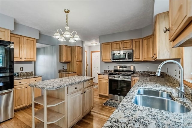 121 Ben Bar Cir, Whitestown, NY 13492 - kitchen with appliances with stainless steel finishes, open shelves, light wood finished floors, light stone countertops, and a chandelier