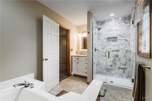 121 Ben Bar Cir, Whitestown, NY 13492 - bathroom with a bath, a marble finish shower, vanity, and recessed lighting