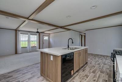 27634 County Route 342, Le Ray, NY 13612 - kitchen with dishwasher, range with gas cooktop, light wood-type flooring, open floor plan, and light countertops