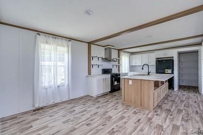 27634 County Route 342, Le Ray, NY 13612 - kitchen featuring electric range, light countertops, light wood-type flooring, open shelves, and an island with sink