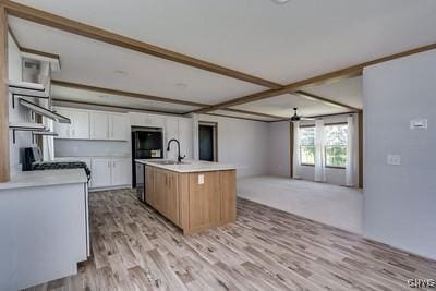 27634 County Route 342, Le Ray, NY 13612 - kitchen featuring open floor plan, light wood-style floors, open shelves, white cabinets, and light countertops