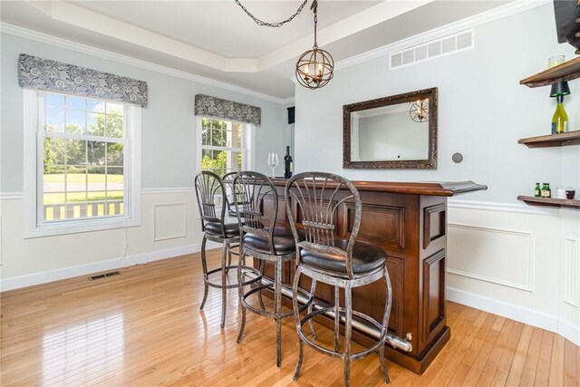 228 Southshore Pl, Webster, NY 14580 - indoor dry bar with a tray ceiling, light wood-style floors, wainscoting, a decorative wall, and a chandelier