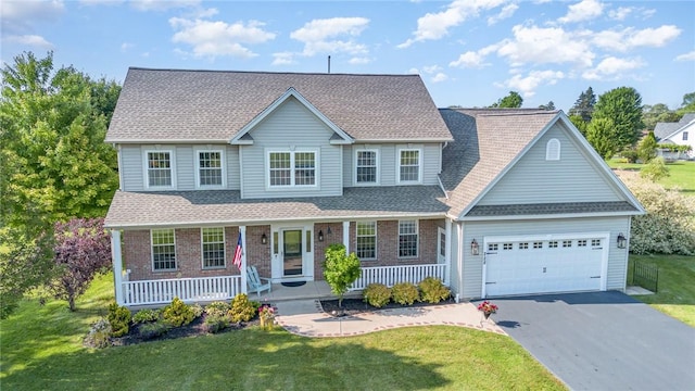 228 Southshore Pl, Webster, NY 14580 - traditional-style home with covered porch, an attached garage, asphalt driveway, and a front yard