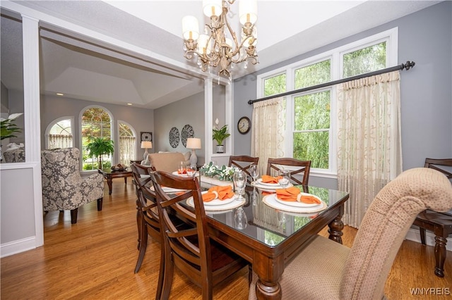 9 Rolling Woods Ln Unit E, West Seneca, NY 14224 - dining space with a chandelier, light wood-type flooring, and a raised ceiling