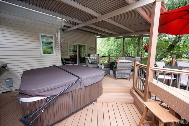 9 Rolling Woods Ln Unit E, West Seneca, NY 14224 - wooden deck with a hot tub, outdoor dining space, an outdoor hangout area, and area for grilling