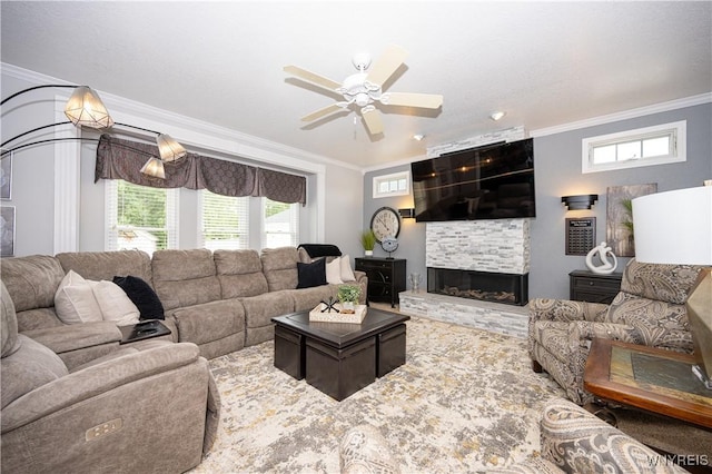 9 Rolling Woods Ln Unit E, West Seneca, NY 14224 - living room featuring ornamental molding, a ceiling fan, and a fireplace