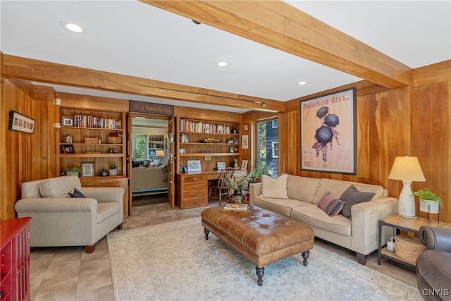 200 Halton Rd, Dewitt, NY 13224 - living area featuring wooden walls, beamed ceiling, built in features, recessed lighting, and a baseboard heating unit