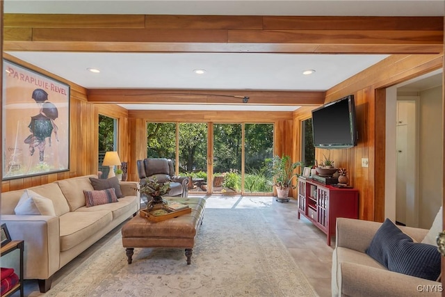 200 Halton Rd, Dewitt, NY 13224 - living room with wooden walls, beamed ceiling, and recessed lighting