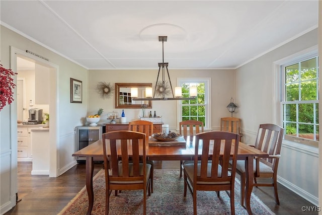 200 Halton Rd, Dewitt, NY 13224 - dining room with dark wood finished floors, plenty of natural light, wine cooler, and ornamental molding