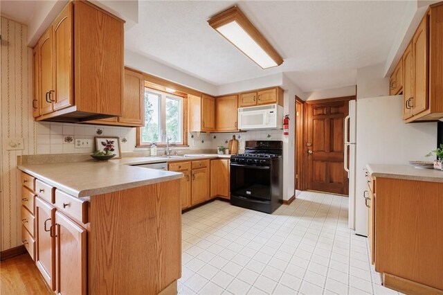 326 Cheese Factory Rd, Mendon, NY 14472 - kitchen with white appliances, a peninsula, decorative backsplash, and light countertops